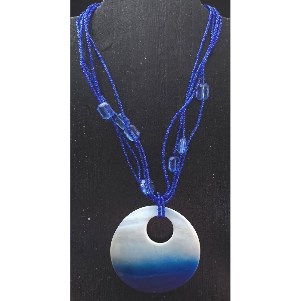 Vintage Boho Beaded Necklace Big Mother of Pearl Pendant Blue Ombre Ocean Beach